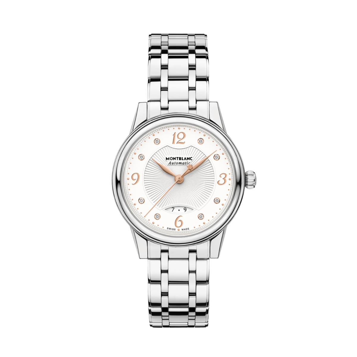 Montblanc Boheme Date Automatic orologio donna quadrante bianco argente con diamanti cassa e bracciale acciaio