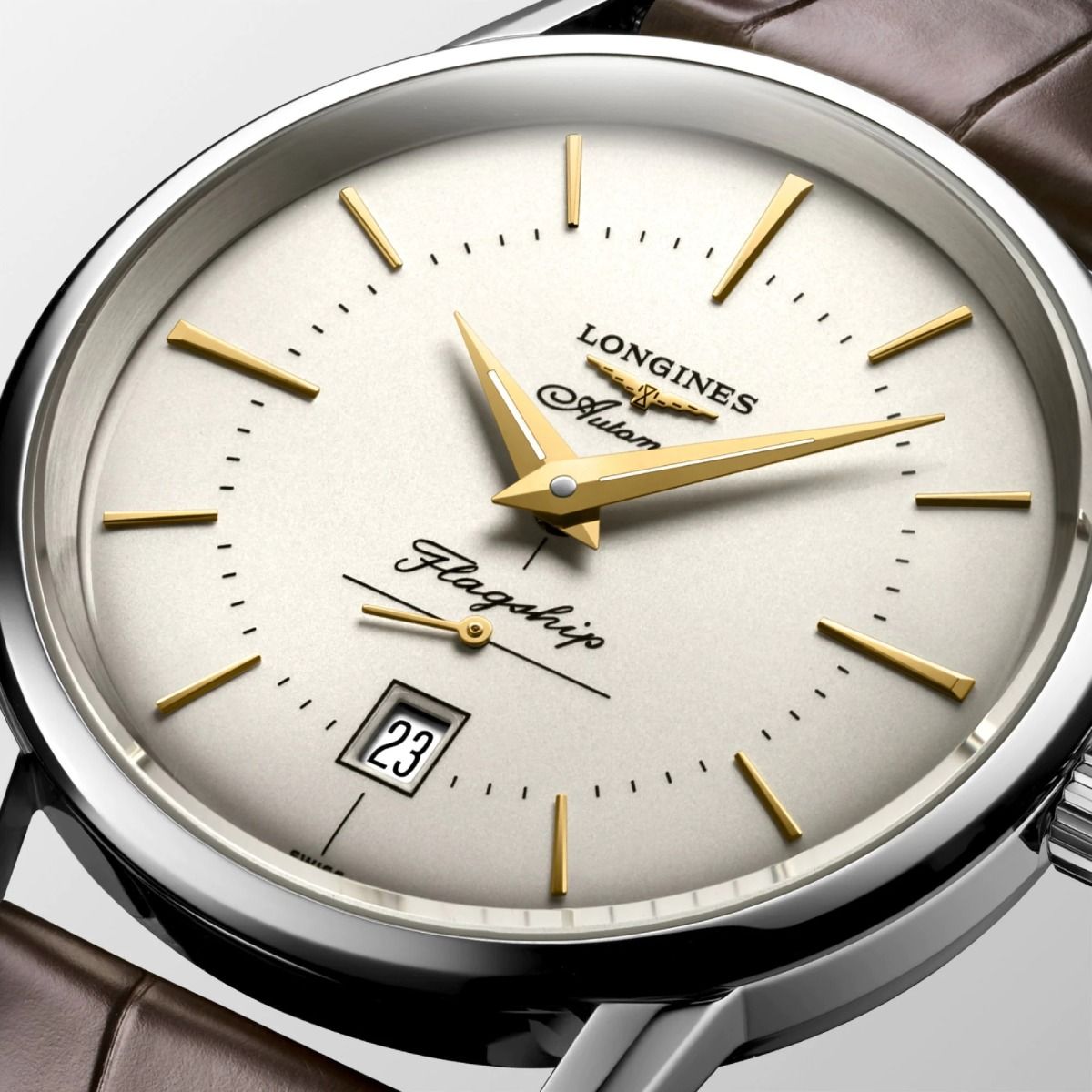 Longines Flagship Heritage orologio uomo quadrante argentato cassa acciaio cinturino pelle marrone