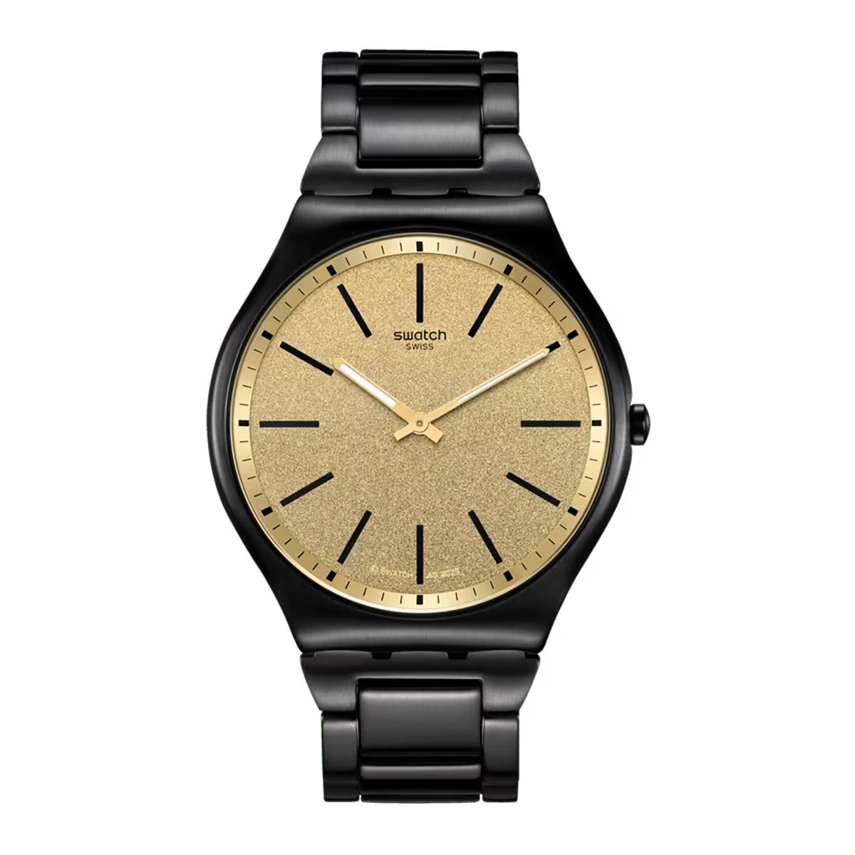 Swatch Dashing Slate Skin Irony orologio unisex quadrante dorato cassa e bracciale acciaio