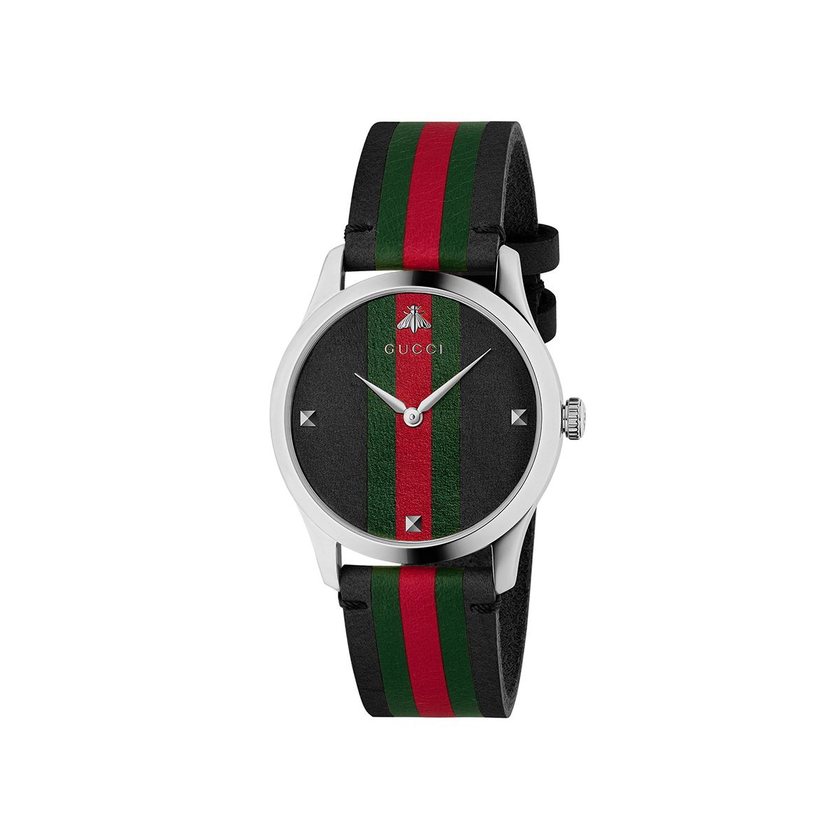 Gucci G Timeless orologio unisex quadrante in pelle nera cassa acciaio cinturino pelle nera
