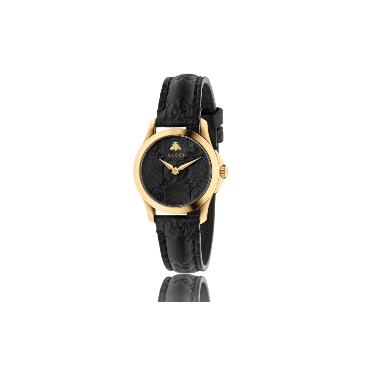 Gucci G-Timeless / Signature / orologio donna / quadrante nero / cassa  acciaio e PVD dorato / cinturino pelle