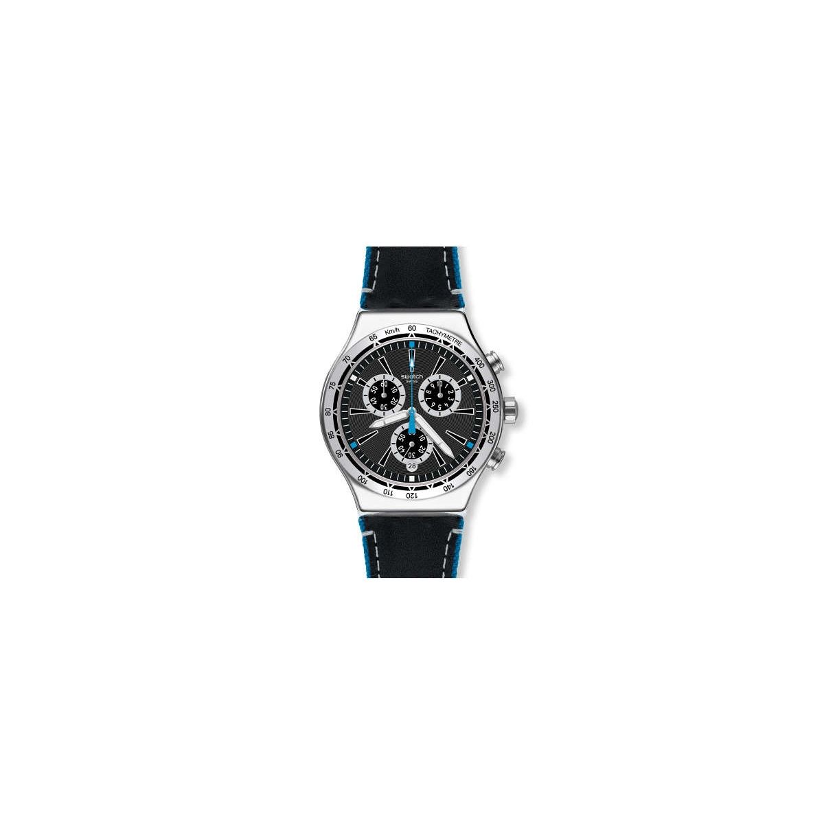 Swatch Irony Chrono Blue Details orologio uomo quadrante nero cassa acciaio cinturino pelle