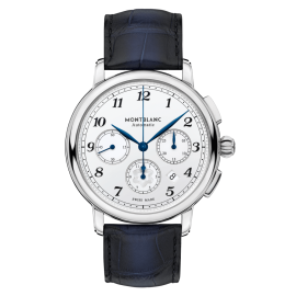 Montblanc Star Legacy Automatic Chronograph / orologio uomo / quadrante bianco-argenté / cassa acciaio / cinturino alligatore blu