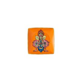 Rosenthal – Versace / Holiday Alphabet A / coppetta quadrata piana 12 cm / porcellana / arancio, rosa, verde, blu