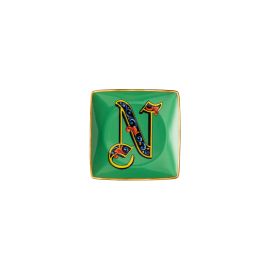 Rosenthal – Versace / Holiday Alphabet N / coppetta quadrata piana cm 12 / porcellana / verde, giallo, nero, arancio, blu