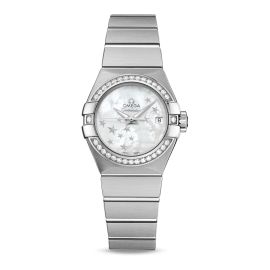 Omega Constellation / orologio donna / quadrante madreperla bianca / cassa acciaio e diamanti / bracciale acciaio 