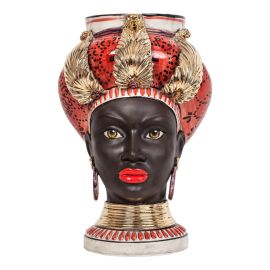 Agarèn / Teste di Moro – Iside / vaso donna volto nero con turbante rosso e bianco / decoro e lustri oro / M