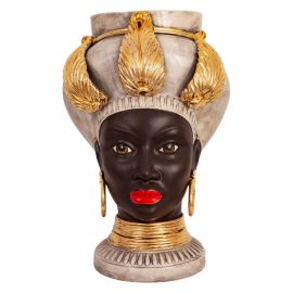 Agarèn / Teste di Moro – Iside / vaso donna volto nero con turbante bianco antico / decoro e lustri oro / M