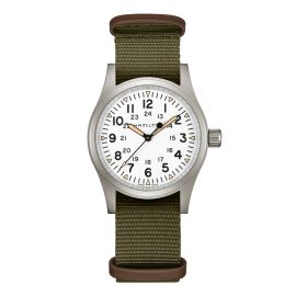 Hamilton Khaki Field Mechanical / orologio uomo / quadrante bianco / cassa acciaio / cinturino NATO verde e pelle marrone