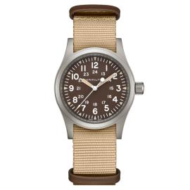 Hamilton Khaki Field Mechanical / orologio uomo / quadrante marrone / cassa acciaio / cinturino NATO beige e pelle marrone