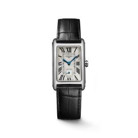Longines DolceVita / orologio donna / quadrante argentato / cassa in acciaio / cinturino pelle nera
