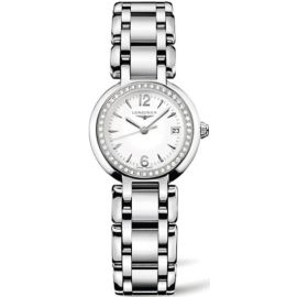Longines Primaluna / orologio donna / quadrante bianco / cassa acciaio e diamanti / bracciale acciaio 