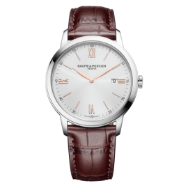 Baume & Mercier Classima / orologio uomo / quadrante argentato / cassa acciaio / cinturino pelle rosso bruno