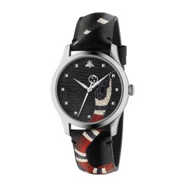 Gucci G-Timeless / Le Marchè des Merveilles / orologio unisex / quadrante nero / cassa acciaio / cinturino pelle nera