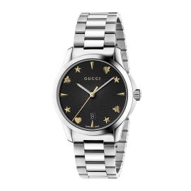 Gucci G-Timeless / orologio donna / quadrante diamantato nero / cassa e bracciale acciaio