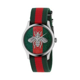 Gucci G-Timeless / orologio unisex / quadrante nylon verde e rosso / cassa acciaio / cinturino nylon motivo web verde e rosso