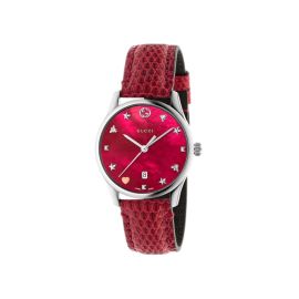 Gucci G-Timeless / orologio donna / quadrante madreperla rossa / cassa acciaio / cinturino pelle