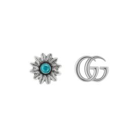 Gucci / GG Marmont / orecchini con fiore e doppia g / argento con finiture anticate e fiore topazio blu