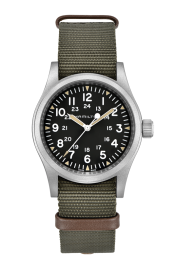 Hamilton Khaki Field Mechanical / orologio uomo / quadrante nero / cassa in acciaio / cinturino NATO verde e pelle marrone