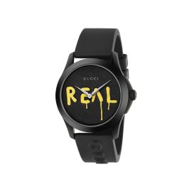 Gucci G-Timeless Real / orologio unisex / quadrante nero / cassa acciaio e PVD nero / cinturino caucciù