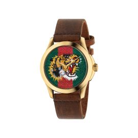 Gucci G-Timeless / Le Marchè des Merveilles / orologio unisex / quadrante verde e rosso / cassa acciaio e PVD dorato / cinturino pelle