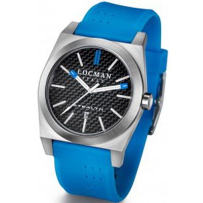 Locman Stealth / orologio uomo / quadrante carbonio nero / cassa acciaio e titanio / cinturino gomma azzurra
