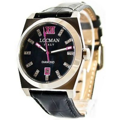 Locman Stealth / orologio donna / quadrante madreperla nera e diamanti / cassa acciaio e titanio / cinturino pelle nera