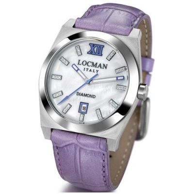 Locman Stealth / orologio donna / quadrante madreperla bianca e diamanti / cassa acciaio e titanio / cinturino pelle viola