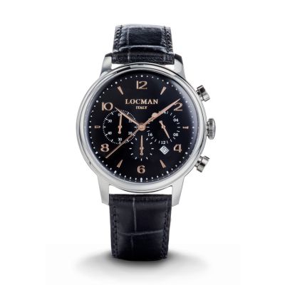 Locman 1960 Dolce Vita / orologio uomo / quadrante nero / cassa acciaio / cinturino pelle nera