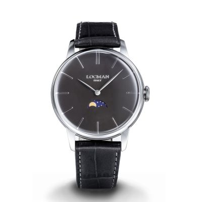 Locman 1960 Fasi Luna / orologio unisex / quadrante nero / cassa acciaio / cinturino pelle nera 