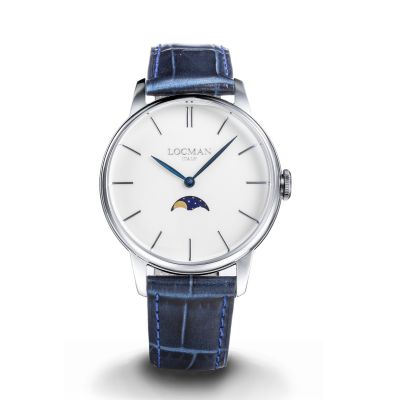Locman 1960 Fasi Luna / orologio unisex / quadrante bianco / cassa acciaio / cinturino pelle blu