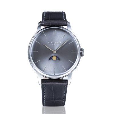 Locman 1960 Fasi Luna / orologio unisex / quadrante antracite sunray / cassa acciaio / cinturino pelle grigio