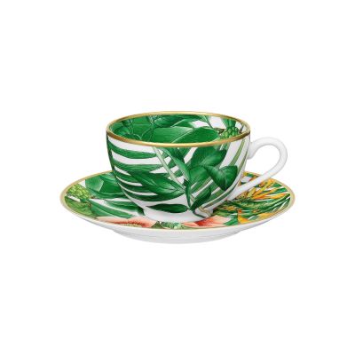 Hermès / Passifolia / Set 2 tazze tè con piattino / porcellana / verde, giallo, rosa, oro