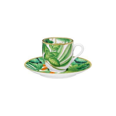 Hermès / Passifolia / Set 2 tazze caffè con piattino / porcellana / verde, arancio, bianco, oro