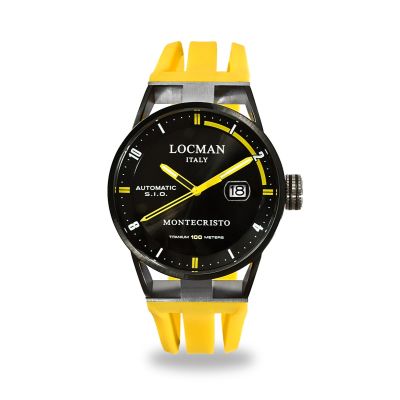 Locman Montecristo / orologio uomo / quadrante nero / cassa acciaio e titanio PVD nero / cinturino gomma gialla