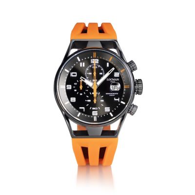 Locman Montecristo Chrono / orologio uomo / quadrante nero / cassa acciaio e titanio PVD nero / cinturino silicone arancione