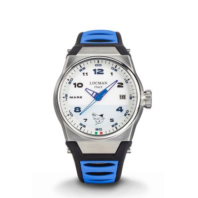 Locman Nuovo Mare orologio uomo quadrante bianco cassa acciaio e titanio cinturino silicone azzurro e nero
