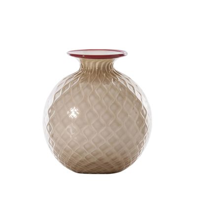 Venini / Monofiore Balloton / vaso / moka, lattimo, filo rosso / vetro opalino soffiato lavorato a mano