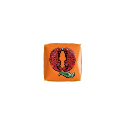 Rosenthal – Versace / Holiday Alphabet Q / coppetta quadrata piana 12 cm / porcellana / arancione, verde, dorato, rosso, blu
