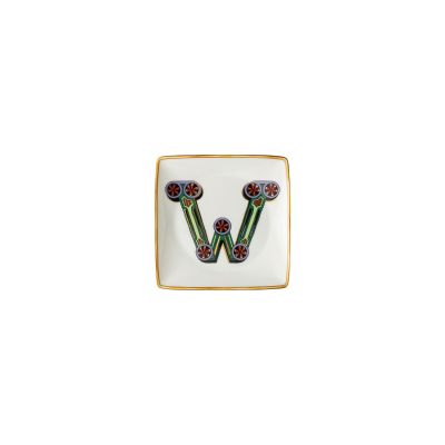 Rosenthal – Versace / Holiday Alphabet W / coppetta quadrata piana 12 cm / porcellana / bianco, verde, dorato, rosso, giallo