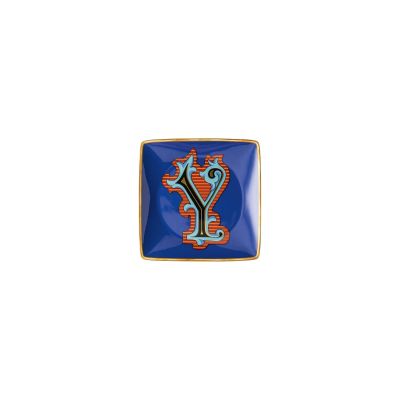 Rosenthal – Versace / Holiday Alphabet Y / coppetta quadrata piana 12 cm / porcellana / blu, rosso, dorato e celeste 