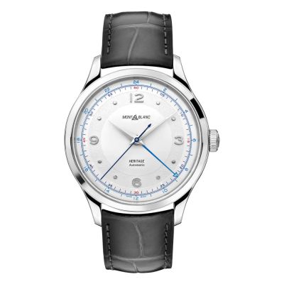 Montblanc Heritage GMT Automatic / orologio uomo / quadrante bianco-argenté / cassa acciaio / cinturino pelle alligatore nero, sfumato grigio