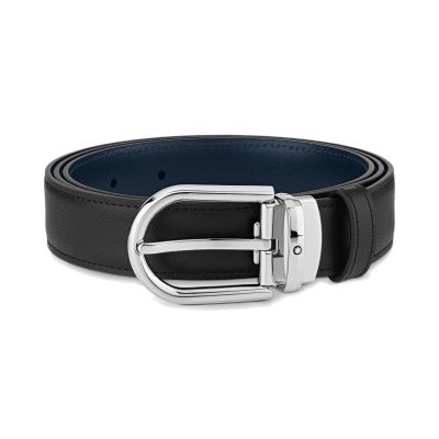 Montblanc / cintura 30 mm con fibbia ad ardiglione a ferro di cavallo / pelle nera e blu