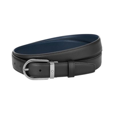 Montblanc / cintura 30 mm con fibbia ad ardiglione a ferro di cavallo / pelle nera e blu
