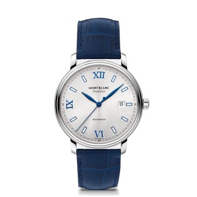 Montblanc Tradition Date Automatic / orologio uomo / quadrante bianco / cassa acciaio / cinturino pelle blu