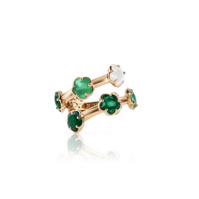 Pasquale Bruni / Figlia dei Fiori / anello / oro rosa, agata verde, pietra di luna bianca, malachite, crisoprasio, prasiolite, avventurina verde e diamante