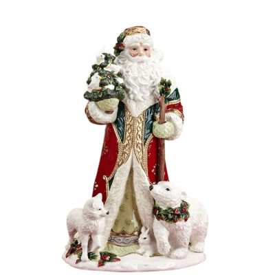 Fitz and Floyd / Woodland Holiday / Statua Babbo Natale con Bastone e Alberello in Mano 47 cm / ceramica dipinta a mano
