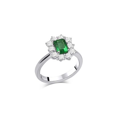 Crivelli / anello / oro bianco, diamanti e smeraldo ottagonale 