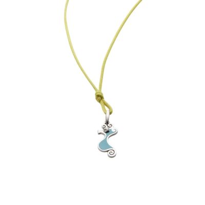 Chantecler / Scugnizzi / ciondolo piccolo cavalluccio marino smalto azzurro con diamantino, cordino giallo 42 cm / argento e diamantino