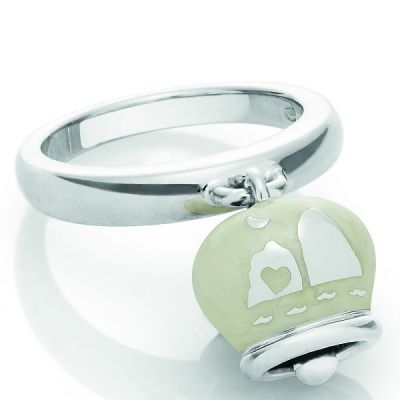 Chantecler / Et Voilà / anello campanella double face / argento e smalto bianco perlato, con faraglioni sul retro